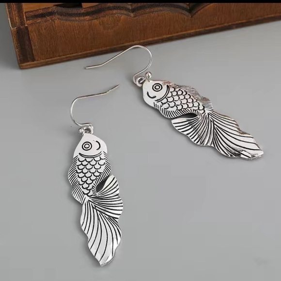 Vintage Style Bohemian Fish Shaped Drop Earrings Silver Plated| Holiday Gift - Picture 2 of 6